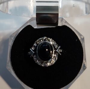 Handcrafted Black, rhinestone and alloy ring size 5